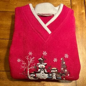 Croft & Barrow Vintage Holiday Snowman Fleece Pullover Top Womens L Red 35.0=R11